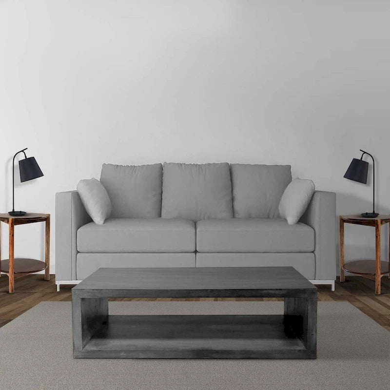 Table basse en bois en forme de cube Keli de 58 pouces avec étagère inférieure ouverte, gris anthracite