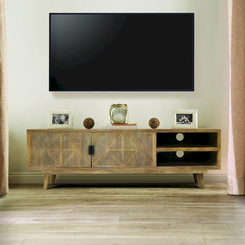 Meuble TV Bidi en bois avec 2 étagères ouvertes, style Mid-Century Modern, 56 pouces, par