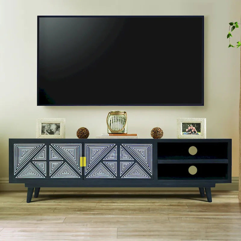 Meuble TV Bidi en bois avec 2 étagères ouvertes, style Mid-Century Modern, 56 pouces, par