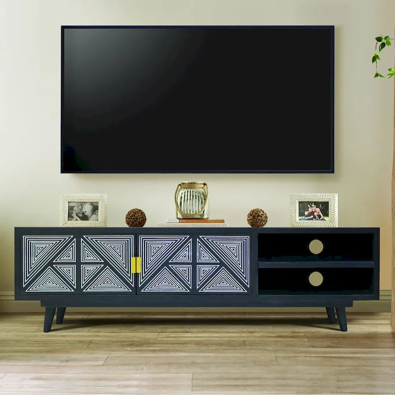 Meuble TV Bidi en bois avec 2 étagères ouvertes, style Mid-Century Modern, 56 pouces, par