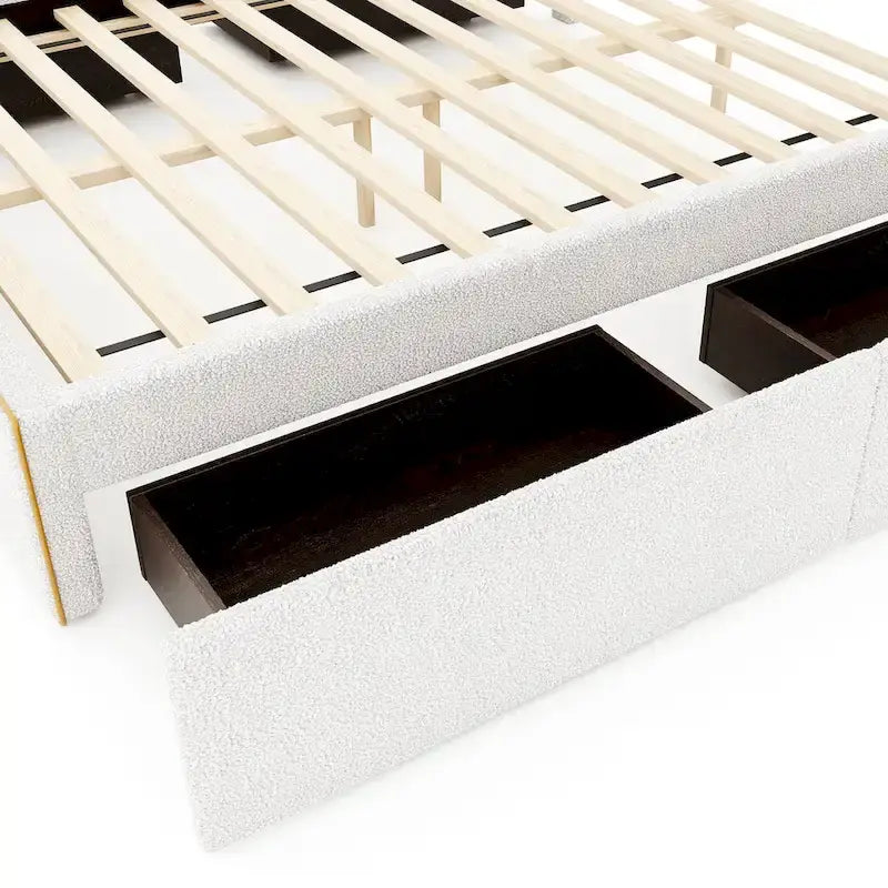 Lit plateforme rembourré avec 4 tiroirs et bord doré