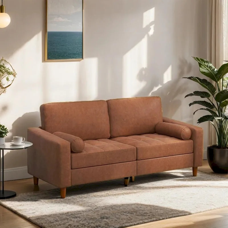 Canapé en cuir du milieu du siècle avec coussin de confort piqué main et traversins