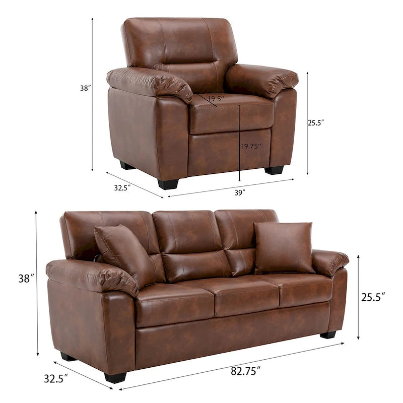 Ensemble de salon rembourré, 2 pièces, fauteuil et canapé en similicuir