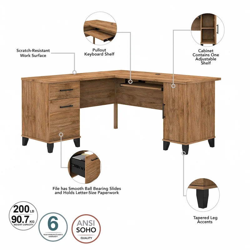 Bureau d'angle en L Somerset 60W avec huche de rangement