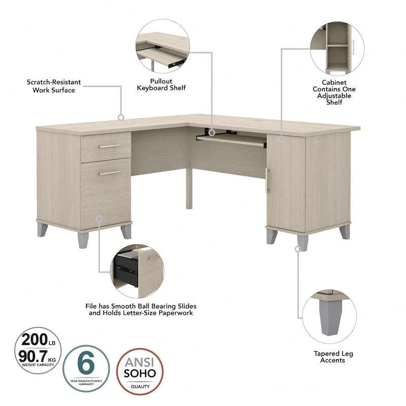 Bureau d'angle en L Somerset 60W avec huche de rangement