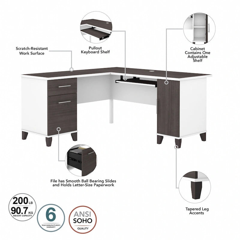 Bureau d'angle en L Somerset 60W avec huche de rangement