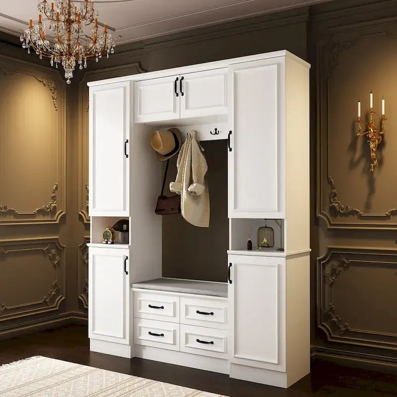 Garde-robe moderne à 6 portes avec banc rembourré et tiroirs