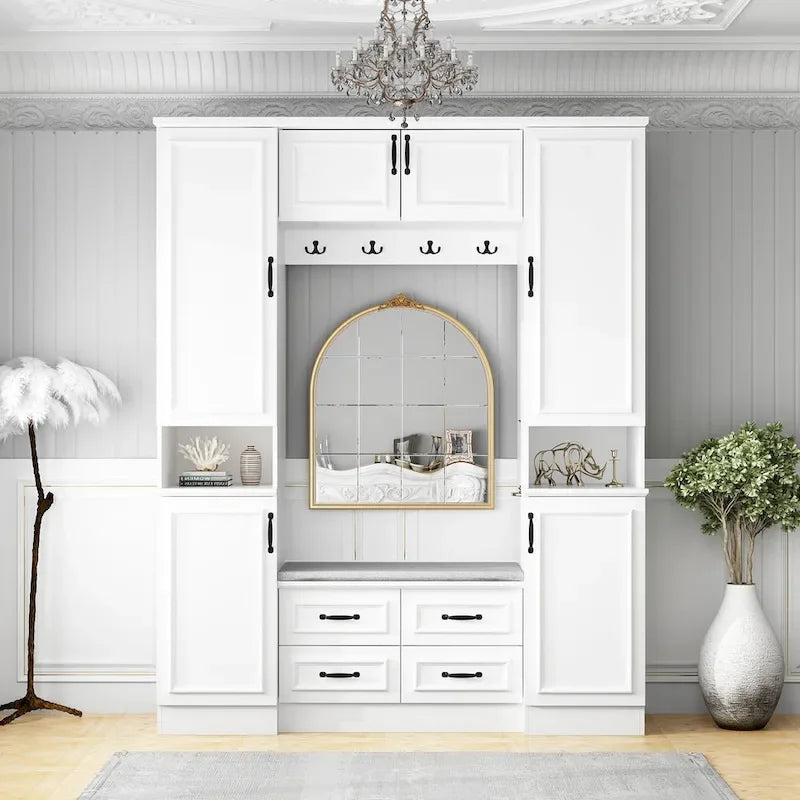 Garde-robe moderne à 6 portes avec banc rembourré et tiroirs