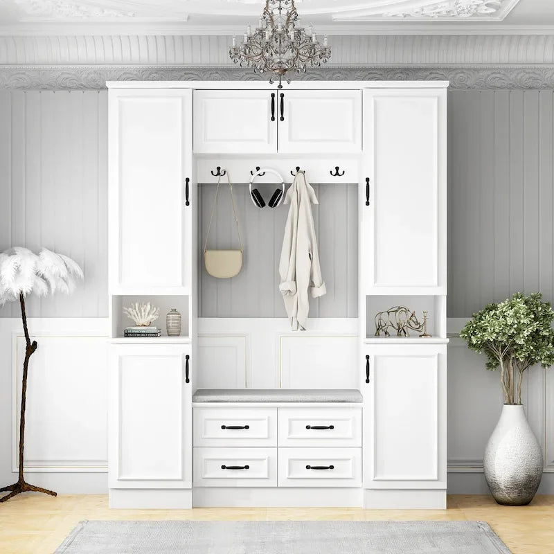 Garde-robe moderne à 6 portes avec banc rembourré et tiroirs