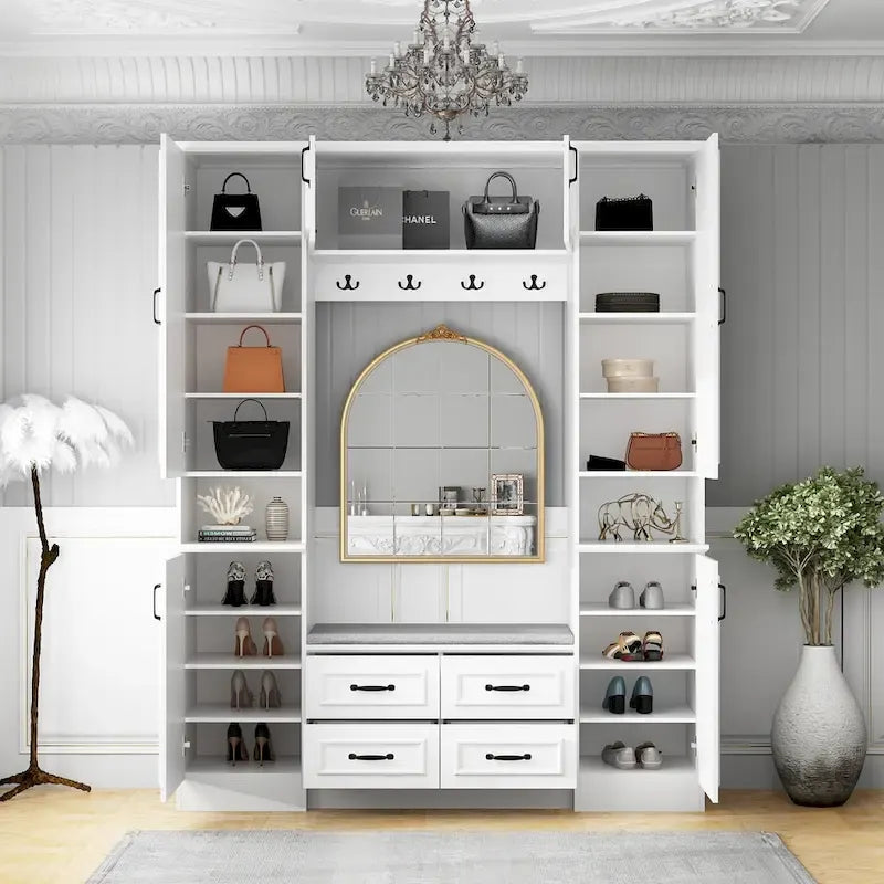 Garde-robe moderne à 6 portes avec banc rembourré et tiroirs