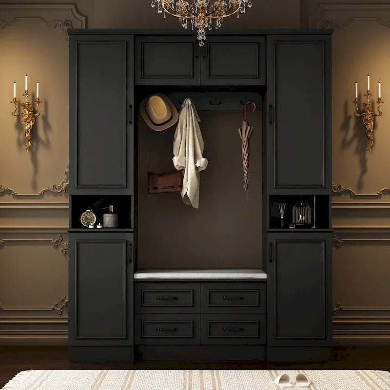 Garde-robe moderne à 6 portes avec banc rembourré et tiroirs
