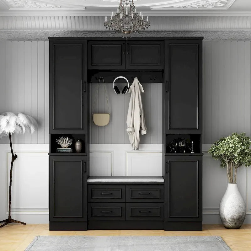 Garde-robe moderne à 6 portes avec banc rembourré et tiroirs