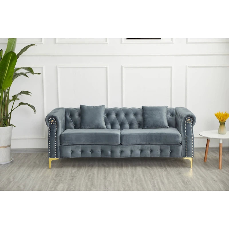 Canapé Chesterfield en velours touffeté 35P x 85L x 30,3H