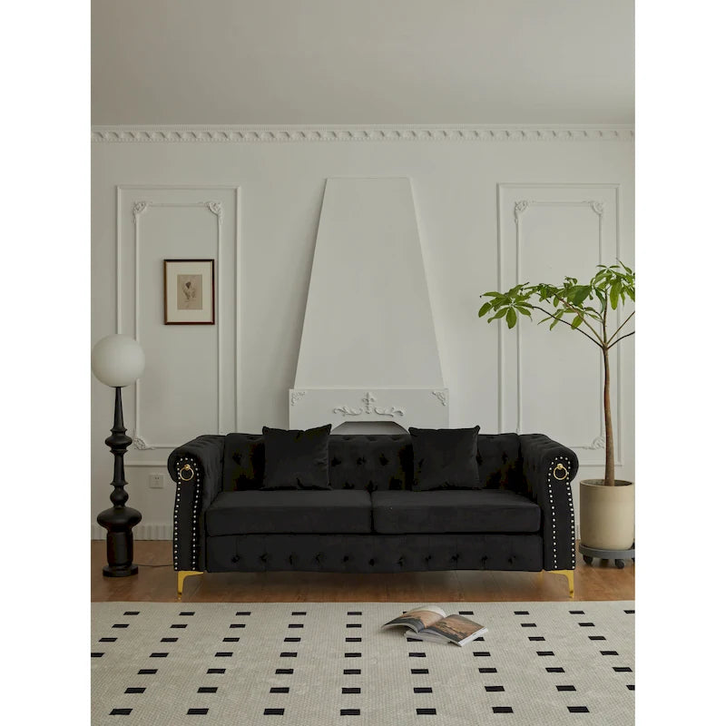 Canapé Chesterfield en velours touffeté 35P x 85L x 30,3H