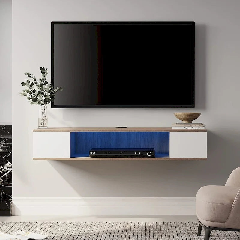 Meuble TV flottant mural, console de divertissement, étagère TV murale en bois, gris et blanc crème