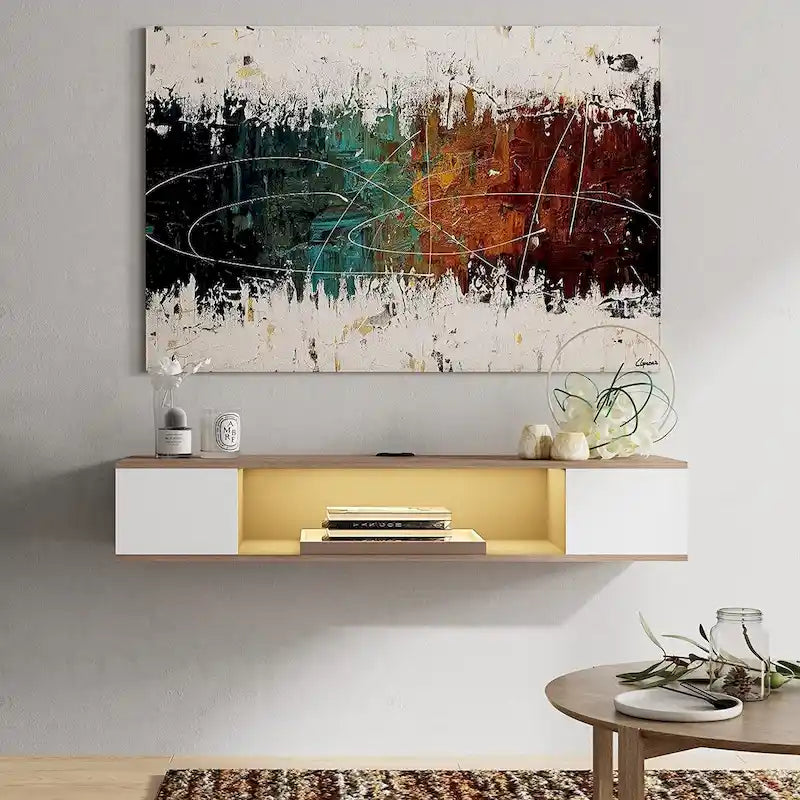 Meuble TV flottant mural, console de divertissement, étagère TV murale en bois, gris et blanc crème