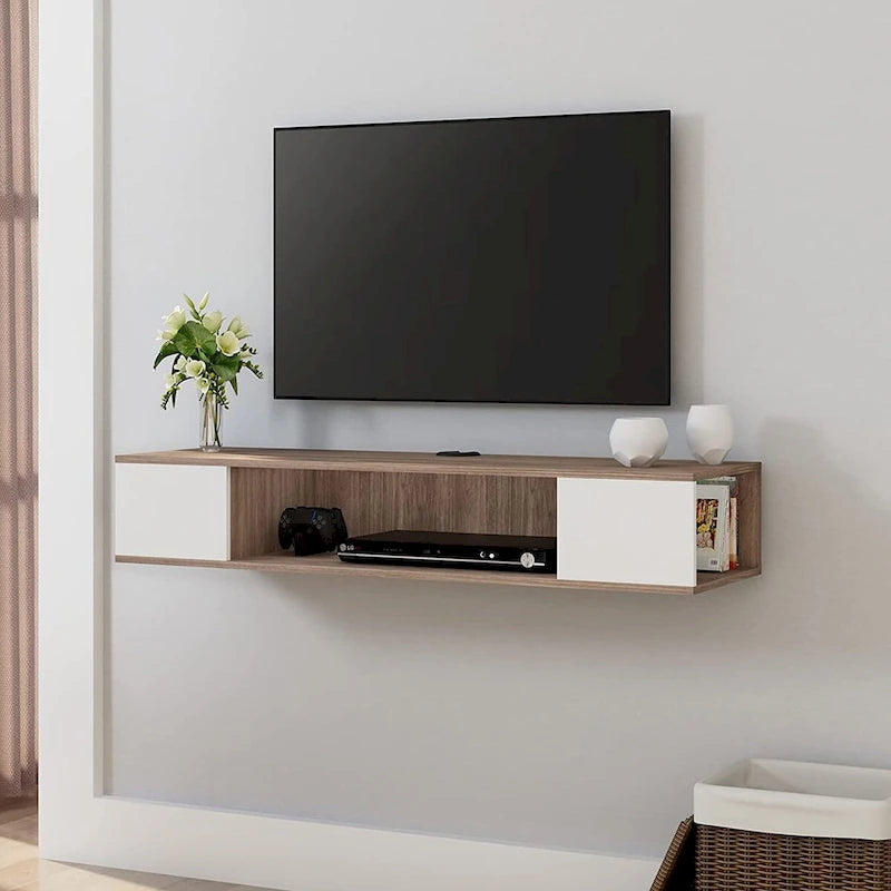 Meuble TV flottant mural, console de divertissement, étagère TV murale en bois, gris et blanc crème