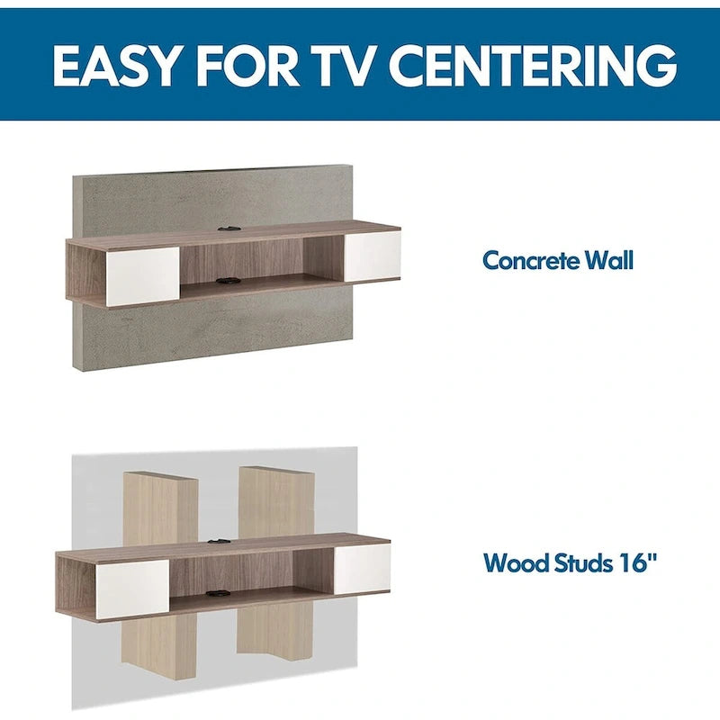 Meuble TV flottant mural, console de divertissement, étagère TV murale en bois, gris et blanc crème