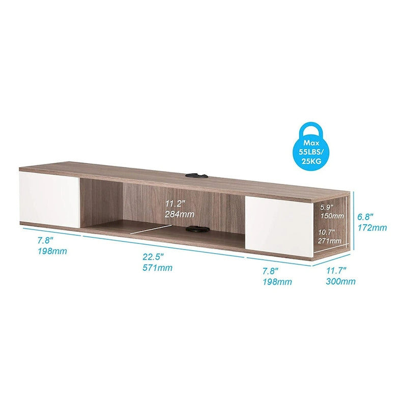 Meuble TV flottant mural, console de divertissement, étagère TV murale en bois, gris et blanc crème
