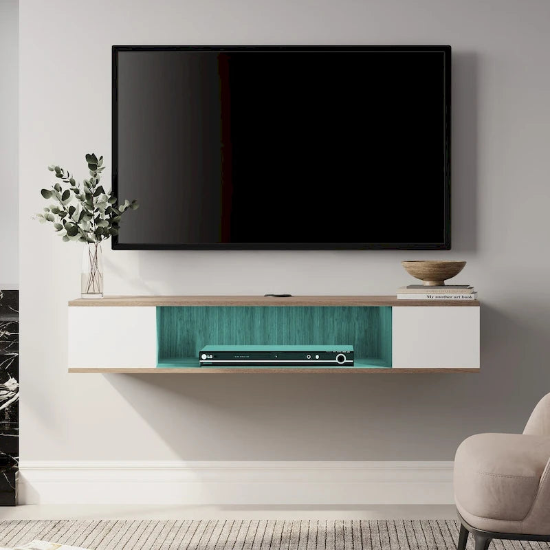 Meuble TV flottant mural, console de divertissement, étagère TV murale en bois, gris et blanc crème