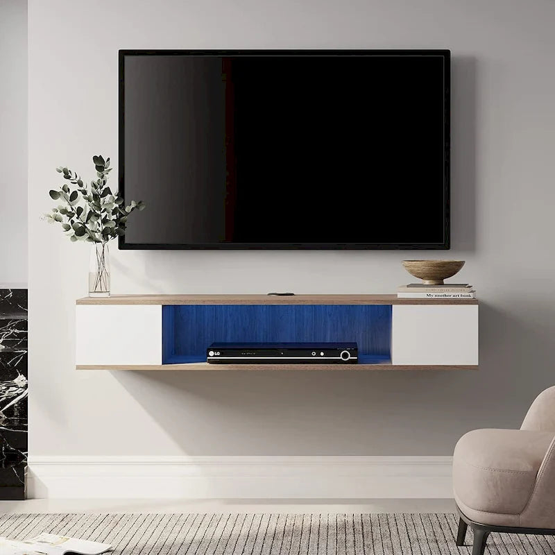 Meuble TV flottant mural, console de divertissement, étagère TV murale en bois, gris et blanc crème