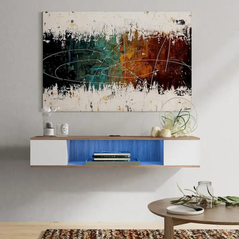 Meuble TV flottant mural, console de divertissement, étagère TV murale en bois, gris et blanc crème
