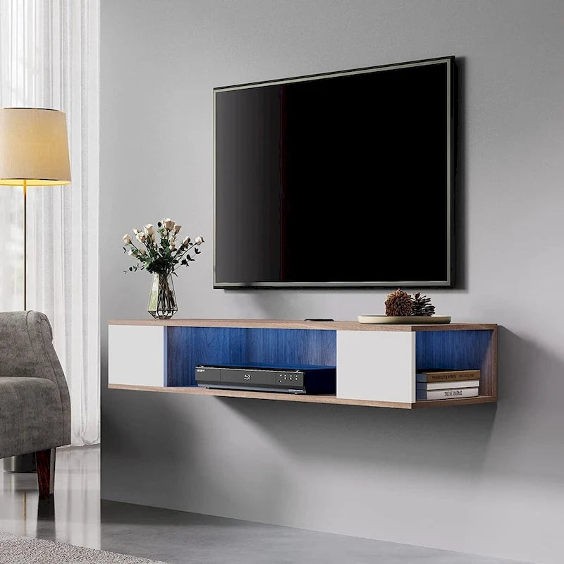 Meuble TV flottant mural, console de divertissement, étagère TV murale en bois, gris et blanc crème