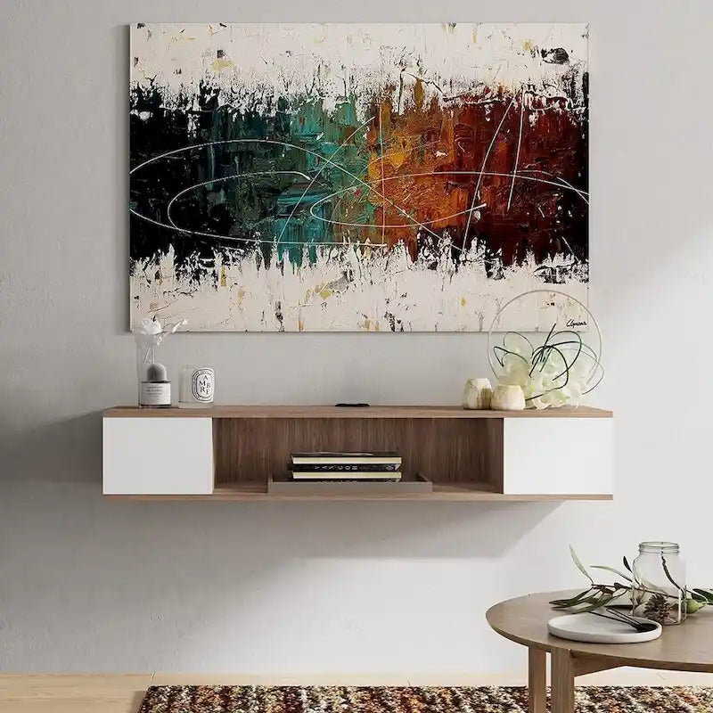 Meuble TV flottant mural, console de divertissement, étagère TV murale en bois, gris et blanc crème