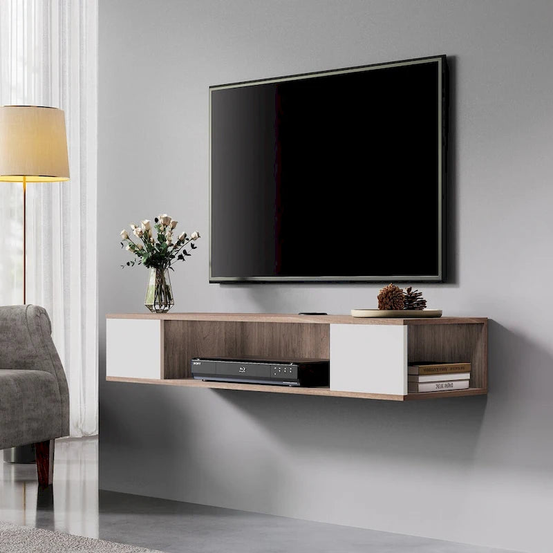 Meuble TV flottant mural, console de divertissement, étagère TV murale en bois, gris et blanc crème