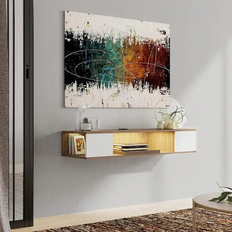 Meuble TV flottant mural, console de divertissement, étagère TV murale en bois, gris et blanc crème