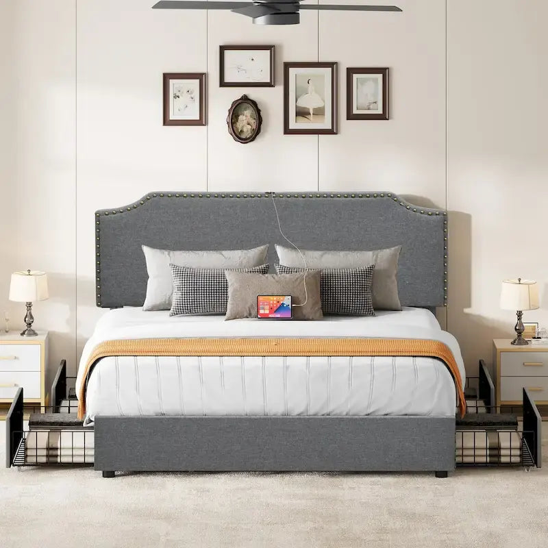  King Upholstered Rivet Curved Adjustable Headboard Platform Bed Frame 4 Storage Drawers Bed Frame