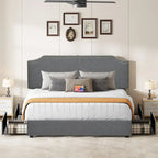  King Upholstered Rivet Curved Adjustable Headboard Platform Bed Frame 4 Storage Drawers Bed Frame