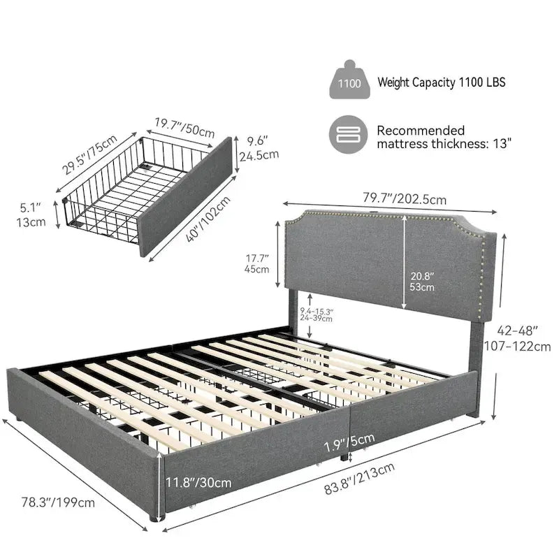 Lit plateforme King avec tête de lit rembourrée incurvée et réglable à rivets, 4 tiroirs de rangement