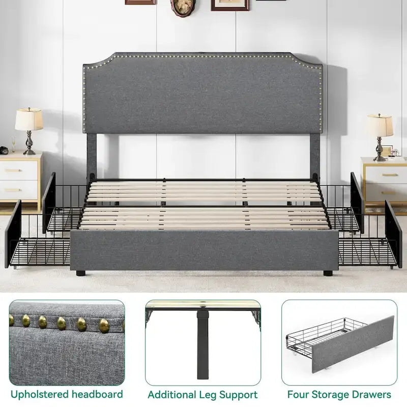 Lit plateforme King avec tête de lit rembourrée incurvée et réglable à rivets, 4 tiroirs de rangement