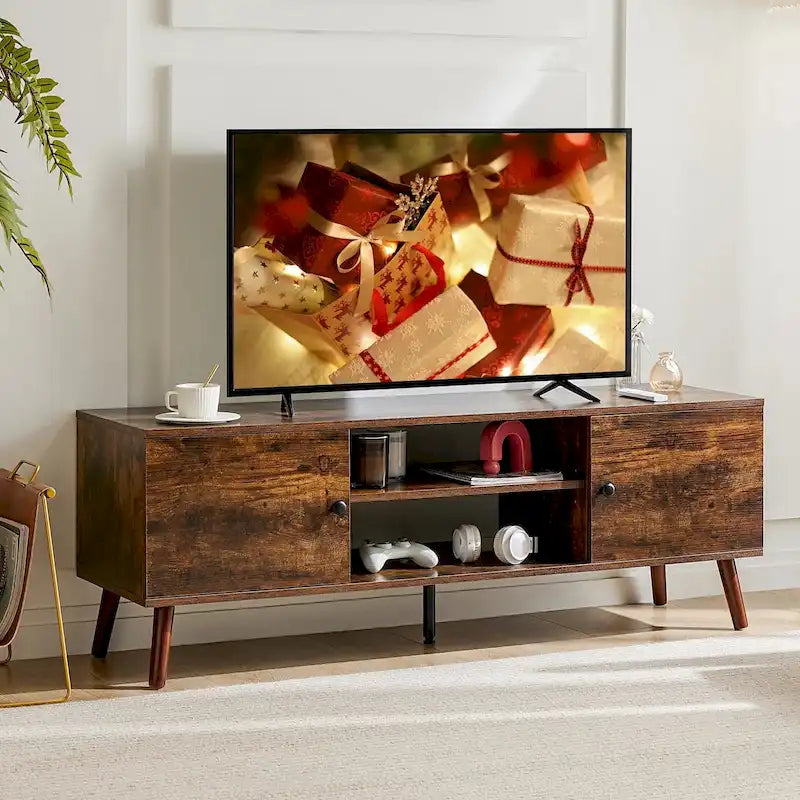Meuble TV pour téléviseur de 55-60 pouces, Meuble de rangement avec 2 armoires Meuble console, Meuble de salon, de chambre à coucher