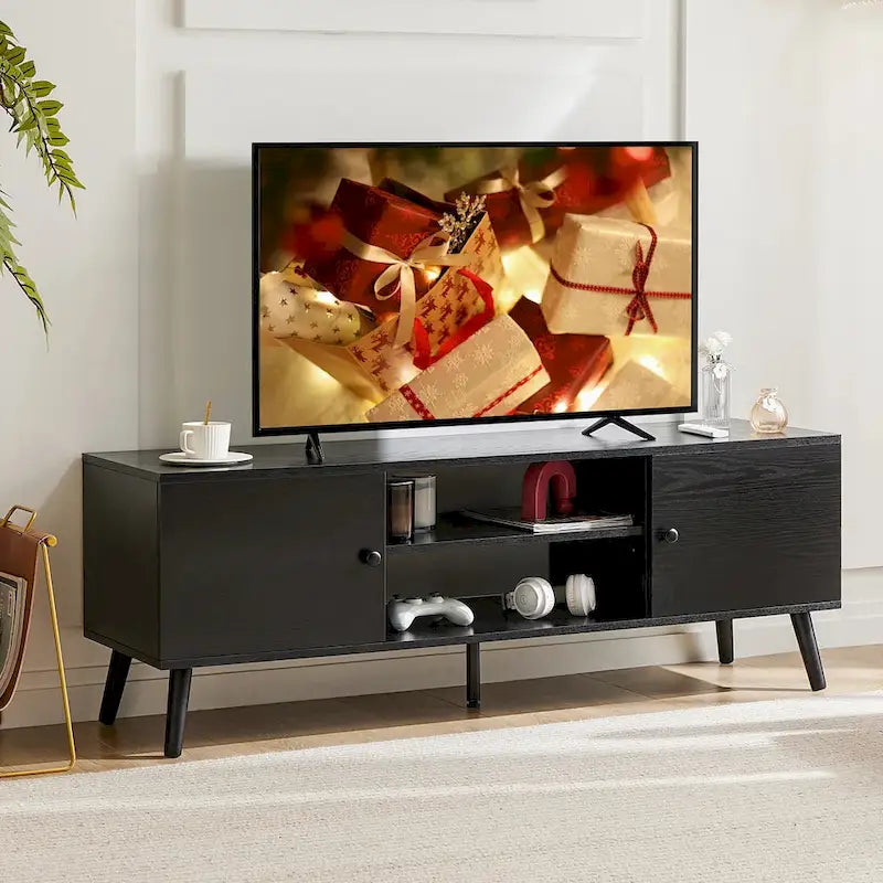 Meuble TV pour téléviseur de 55-60 pouces, Meuble de rangement avec 2 armoires Meuble console, Meuble de salon, de chambre à coucher