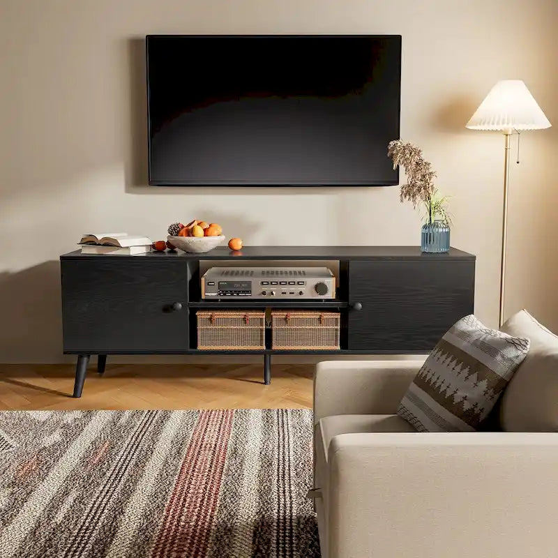 Meuble TV pour téléviseur de 55-60 pouces, Meuble de rangement avec 2 armoires Meuble console, Meuble de salon, de chambre à coucher
