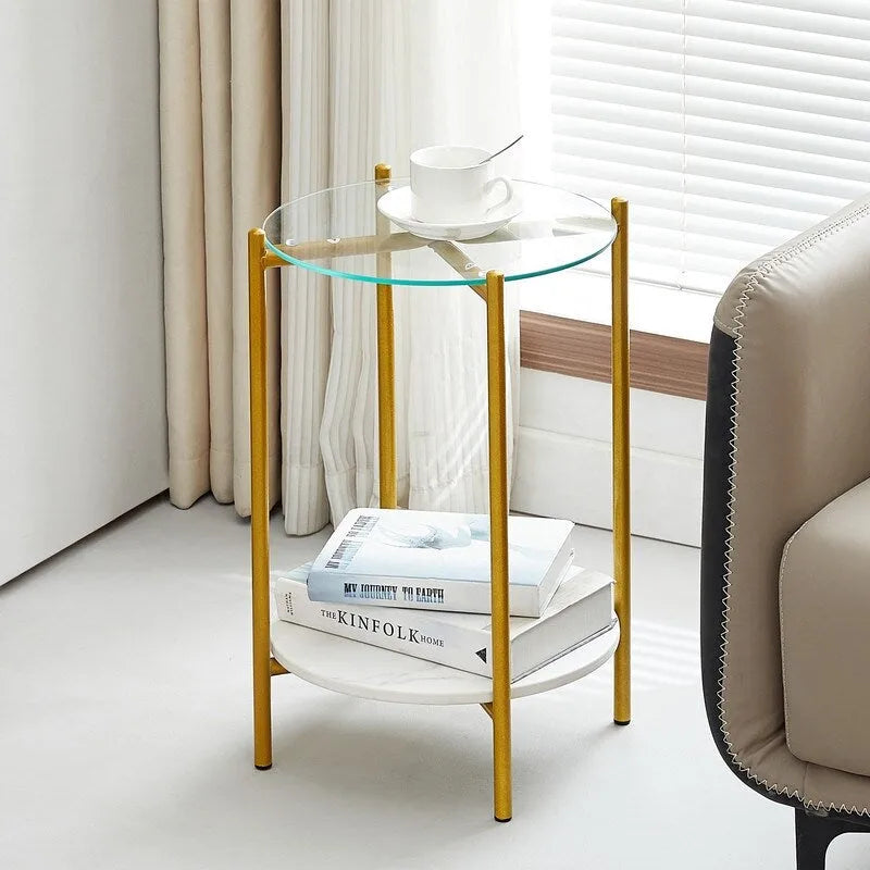 2 Tier Round Side Table with Tempered Glass Modern End Tables