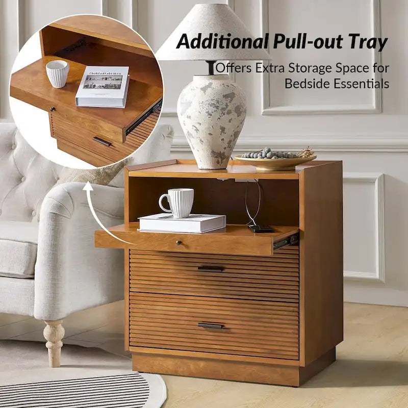 Lorenz Mid-century Nightstand with USB and LED Light Set of 2 by 