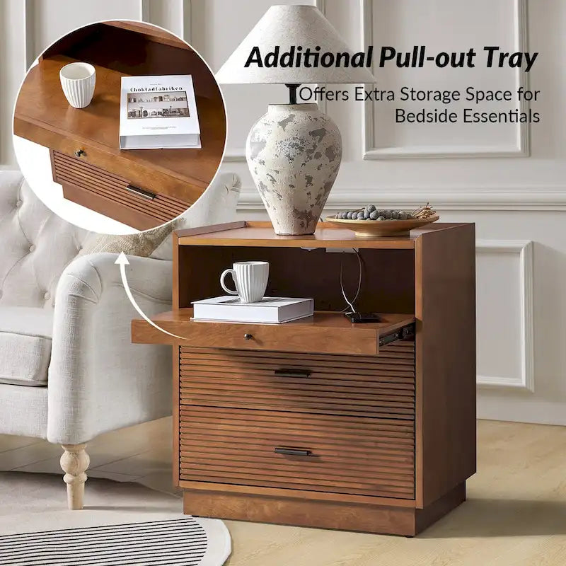 Table de chevet Mid-century Lorenz avec USB et lumières LED, ensemble de 2
