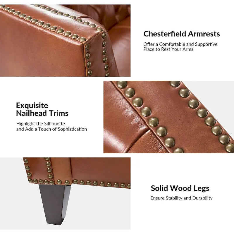 Canapé Eugène en cuir véritable, style transitionnel, capitonné avec pieds en bois massif par