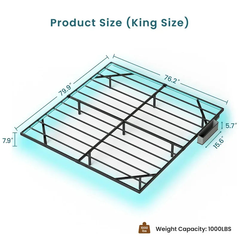 Cadre de lit flottant King Size avec lumières LED et station de charge - Plateforme en métal